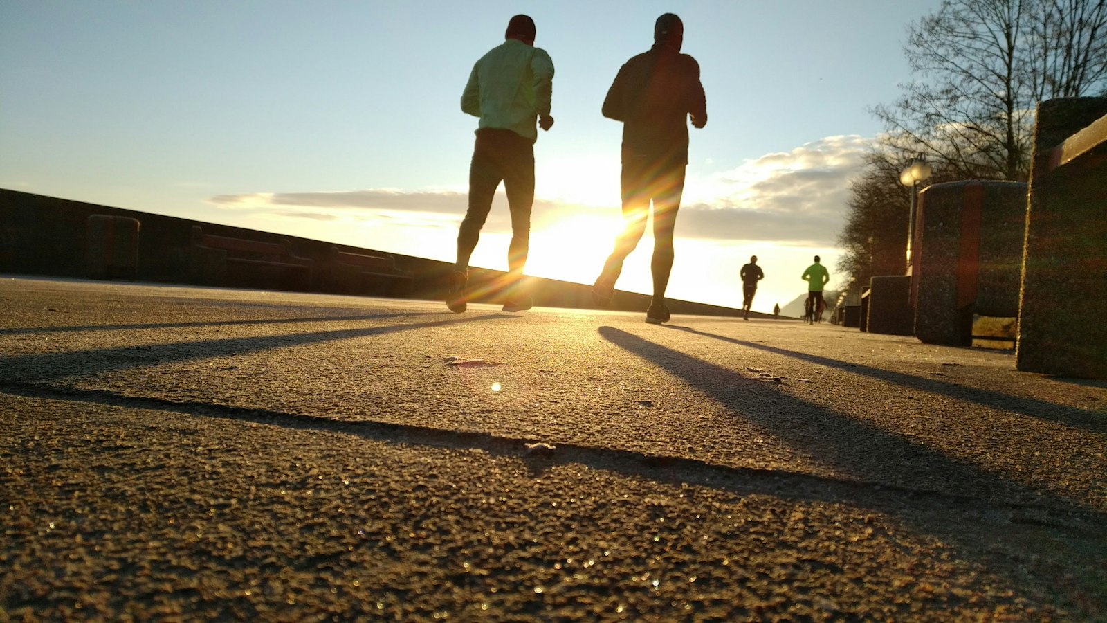 Two men running in a park at golden hour